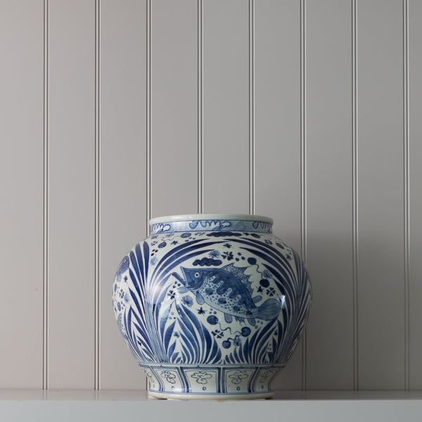 Blue And White Open Top Fish Jar