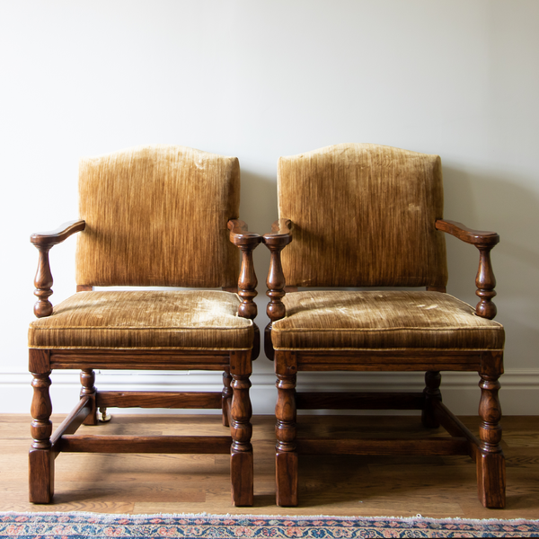 Vintage Chestnut Silk-Velvet Armchairs (Pair Of 2)